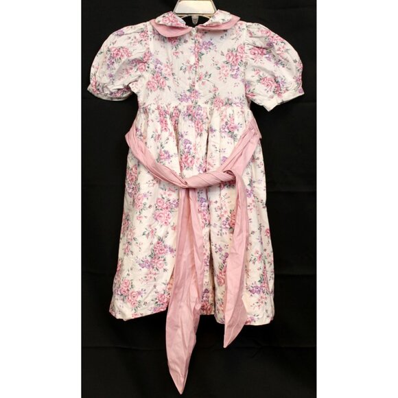 Vtg 90s Jan Briggs Pink Cabbage Rose Dress 4T Scallop Collar Sash Spring Easter - Picture 5 of 9